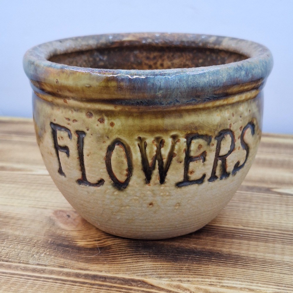 Mini Ceramic Flower Pot Green Glazed Ring On Tan 3.5"‎ Flowers Lable
